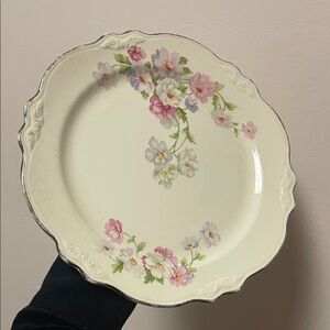Vintage Homer Laughlin Floral Cream Plate with Silver Trim